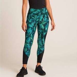 Athleta Palm Print Mesh Panel Leggings Small Green Black Tropical Workout Pants
